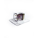 Clear plastic container with a small mechanical component on a white background