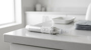 Professional handheld microneedling pen on a neutral surface in a bright clinical room