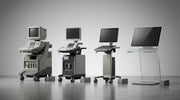 Timeline-style arrangement of evolving clinical ultrasound console silhouettes