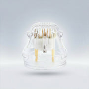 Clear glass container with light bulbs on a gradient gray background (PinOva Aesthetic)