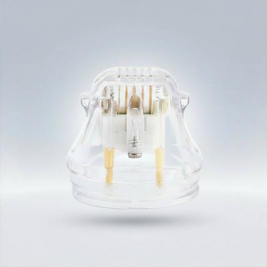 Clear glass container with light bulbs on a gradient gray background (PinOva Aesthetic)